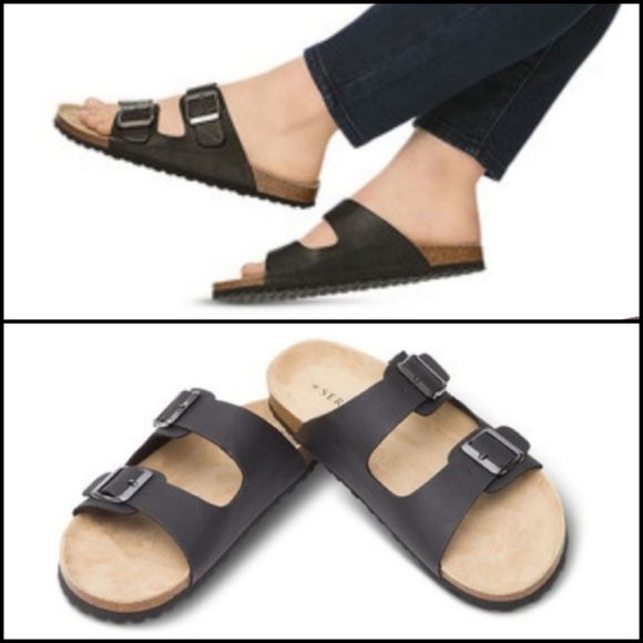SERRA Black Double Strap/Buckle Slide On Sandals! - Picture 1 of 8